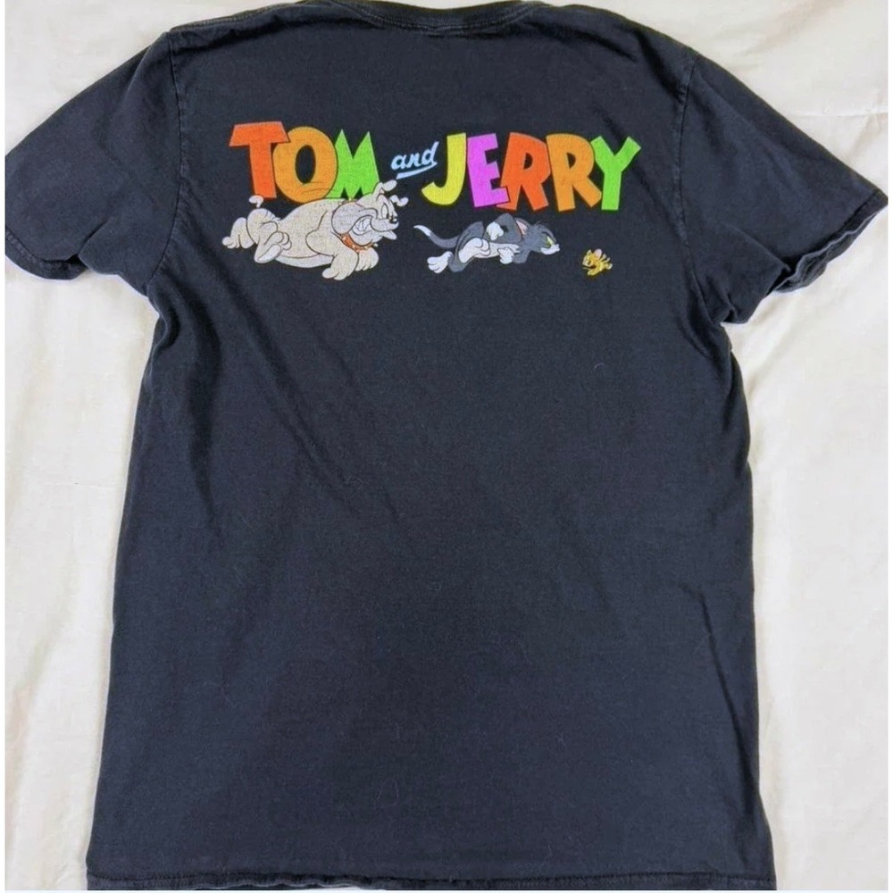 Tom and Jerry Cartoon Graphic Tee Black T-Shirt Small Y2K Retro